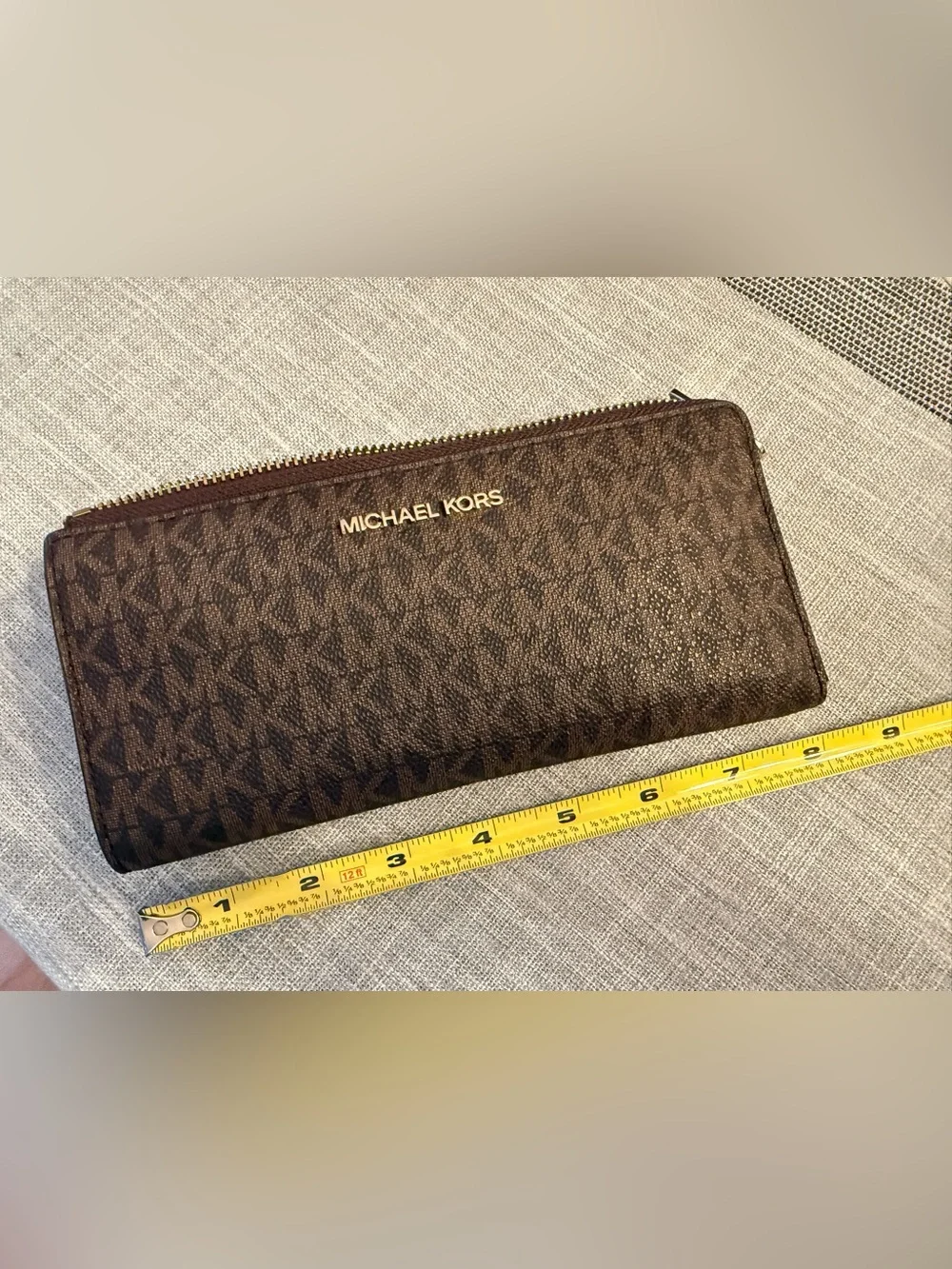 Michael Kors Chocolate Brown MK Signature Zip-Around Wallet with Gold Logo